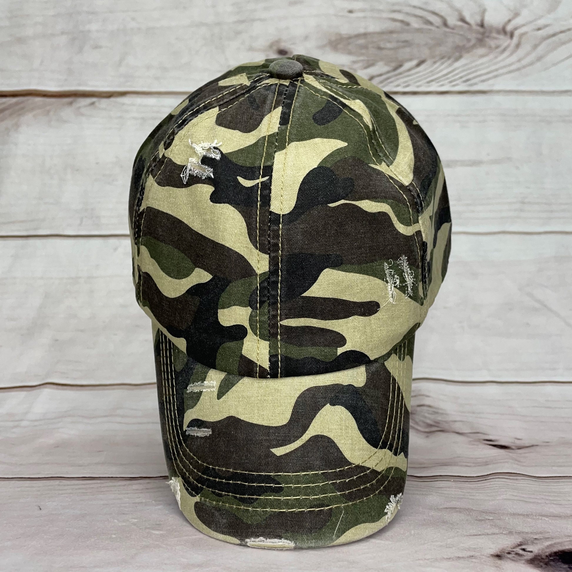 Green Camo Distressed Criss Cross Hat - Gals and Dogs Boutique Limited