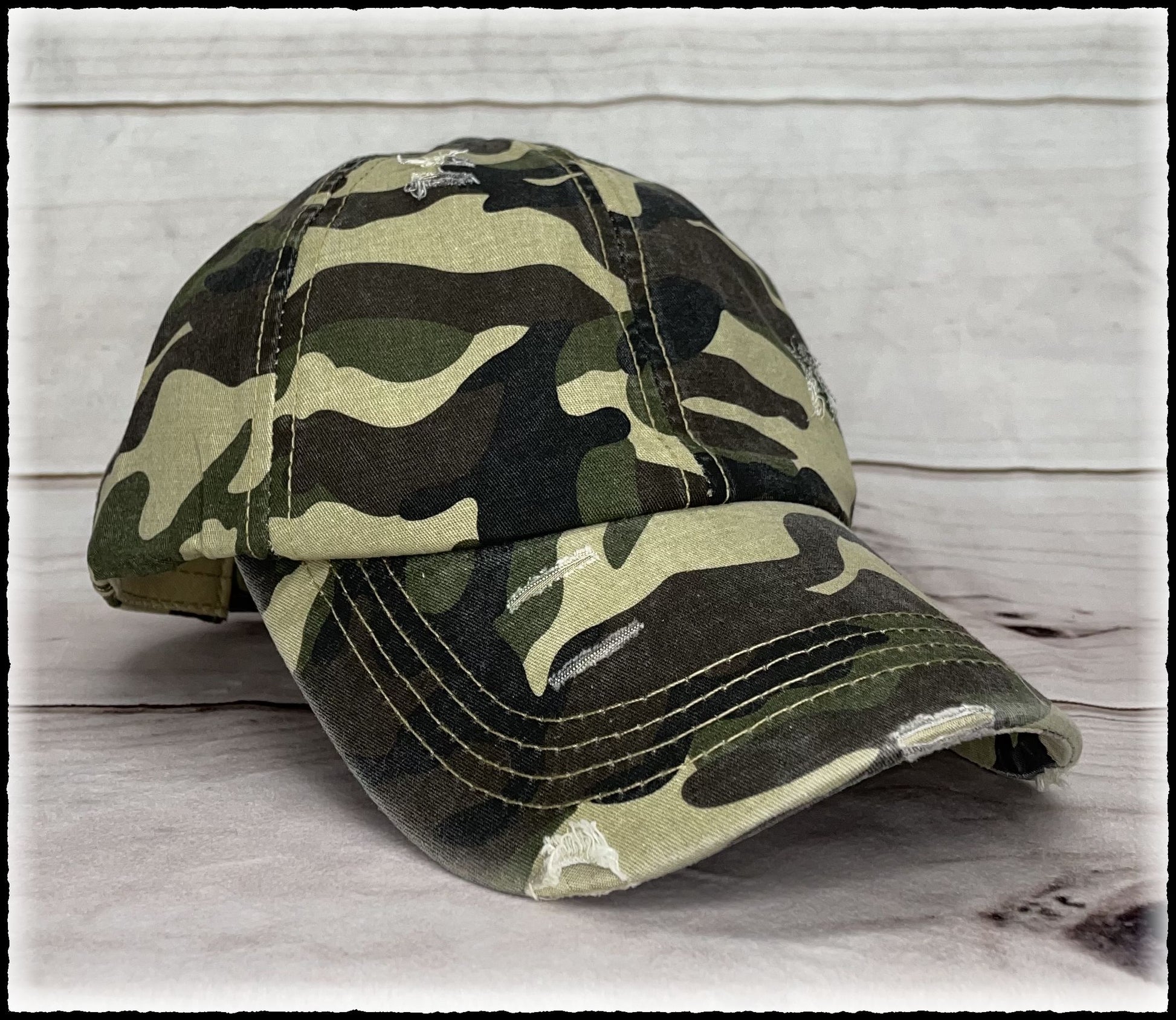 Green Camo Distressed Criss Cross Hat - Gals and Dogs Boutique Limited