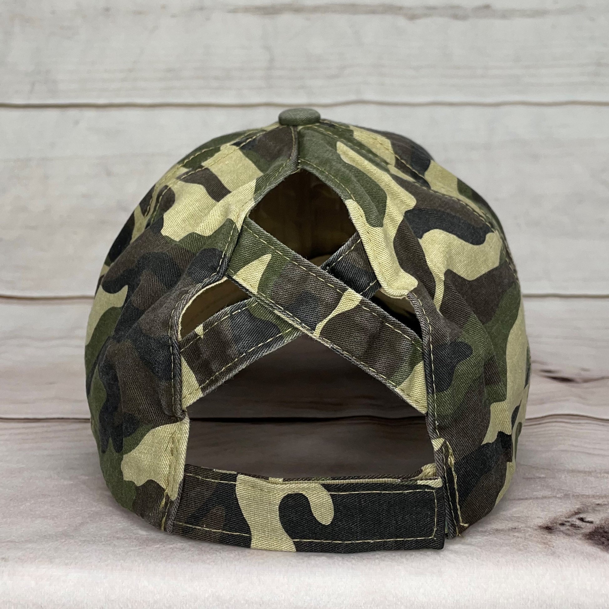 Green Camo Distressed Criss Cross Hat - Gals and Dogs Boutique Limited