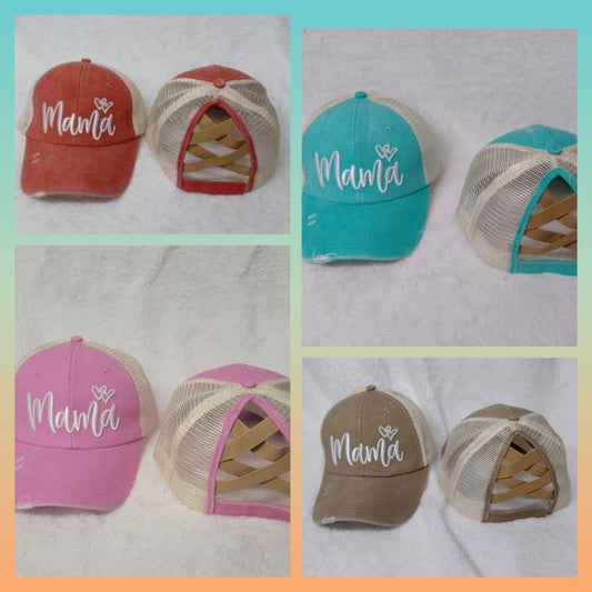 Distressed Embroidered Mama Criss Cross Ponytail Hat - 4 color options - Gals and Dogs Boutique Limited