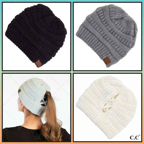 Ribbed Knit Beanie Featuring Criss-Cross Ponytail Detail