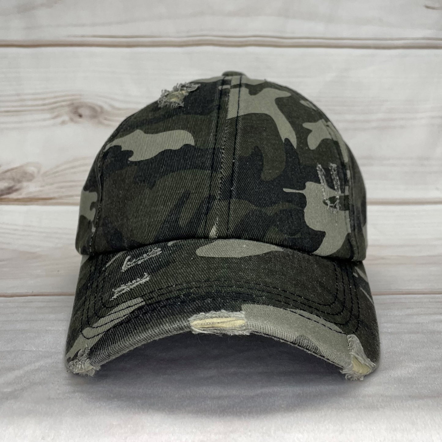 Dark Camo Distressed Criss Cross Ponytail Hat - Gals and Dogs Boutique Limited