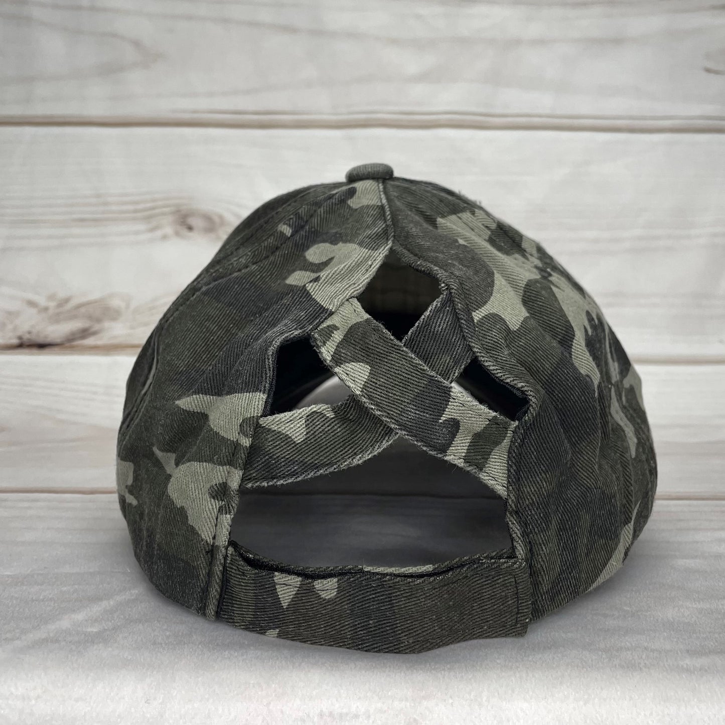 Dark Camo Distressed Criss Cross Ponytail Hat - Gals and Dogs Boutique Limited