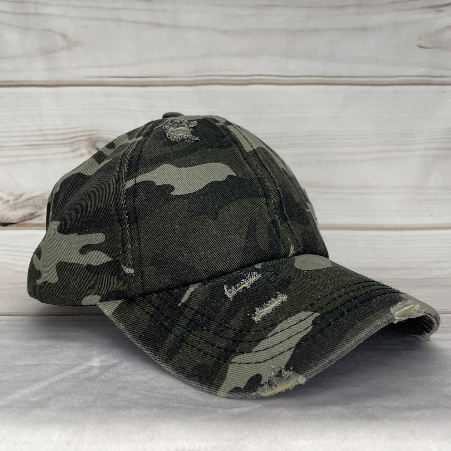 Dark Camo Distressed Criss Cross Ponytail Hat - Gals and Dogs Boutique Limited