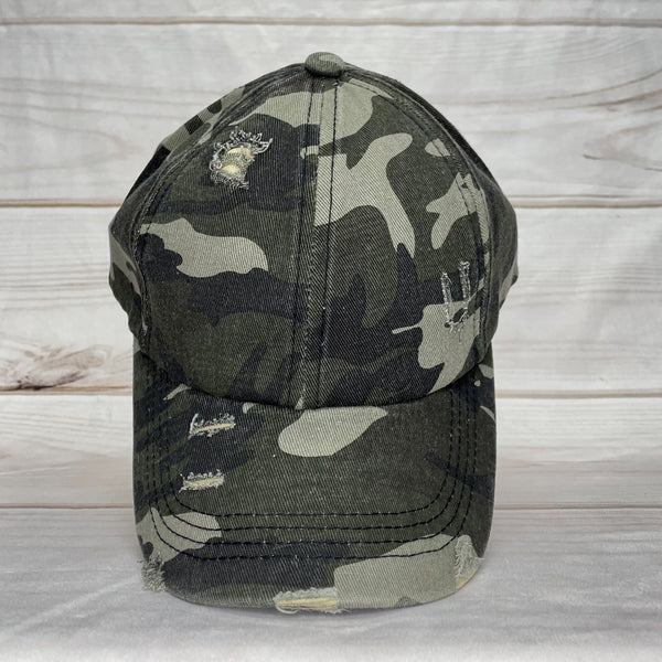 Dark Camo Distressed Criss Cross Ponytail Hat - Gals and Dogs Boutique Limited