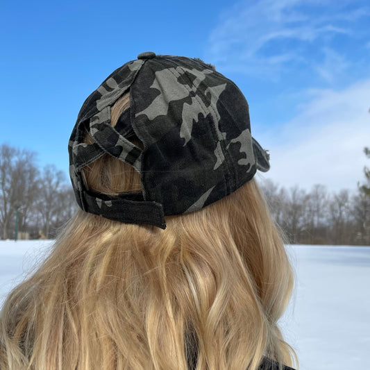 Dark Camo Distressed Criss Cross Ponytail Hat - Gals and Dogs Boutique Limited