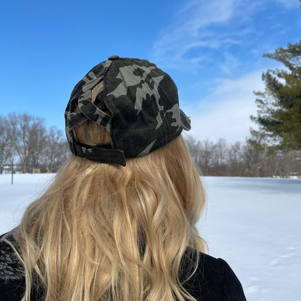 Dark Camo Distressed Criss Cross Ponytail Hat - Gals and Dogs Boutique Limited