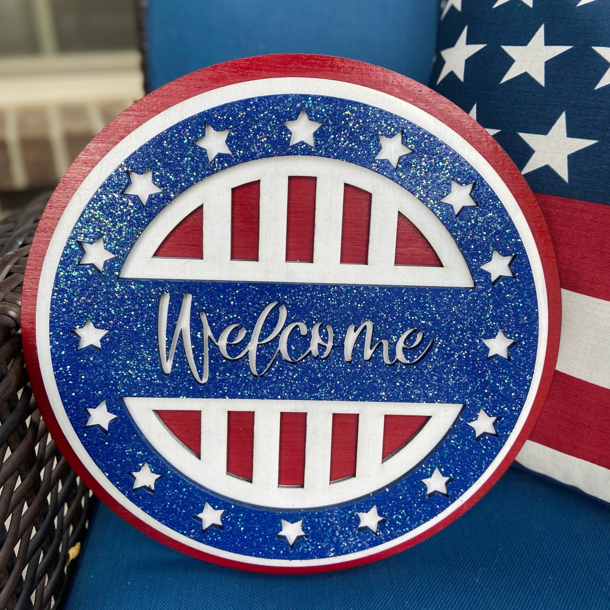 Handcrafted Red White & Blue Glitter Welcome Sign