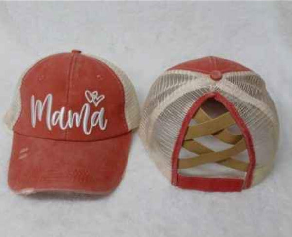 Distressed Embroidered Mama Criss Cross Ponytail Hat - 4 color options