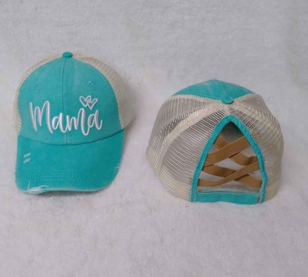 Distressed Embroidered Mama Criss Cross Ponytail Hat - 4 color options