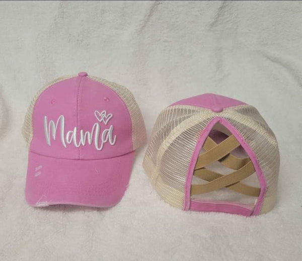 Distressed Embroidered Mama Criss Cross Ponytail Hat - 4 color options - Gals and Dogs Boutique Limited