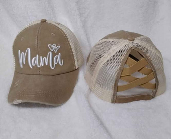 Distressed Embroidered Mama Criss Cross Ponytail Hat - 4 color options - Gals and Dogs Boutique Limited