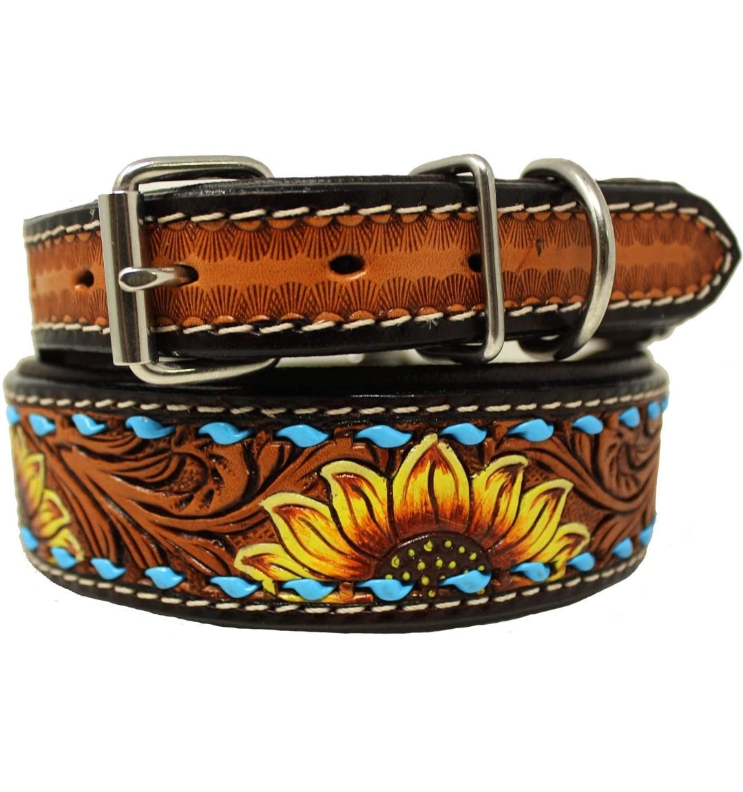 Genuine Leather Hand Tooled Sunflower Dog Collar - Gals and Dogs Boutique Limited
