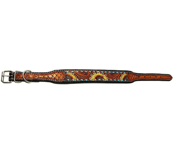 Genuine Leather Hand Tooled Sunflower Dog Collar - Gals and Dogs Boutique Limited