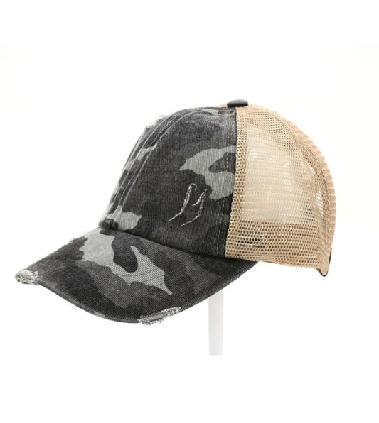 CC Brand Gray Camo Distressed Criss Cross Hat - Gals and Dogs Boutique Limited