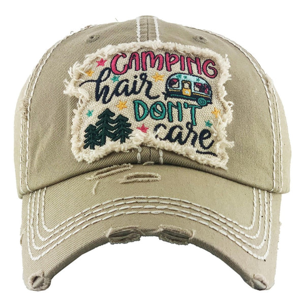 Camping Hair, Don't Care Vintage Distressed Baseball Cap - 4 color options