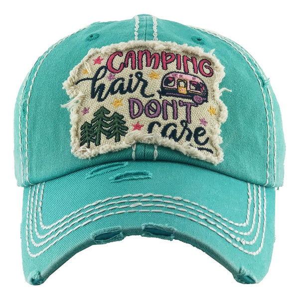 Camping Hair, Don't Care Vintage Distressed Baseball Cap - 4 color options