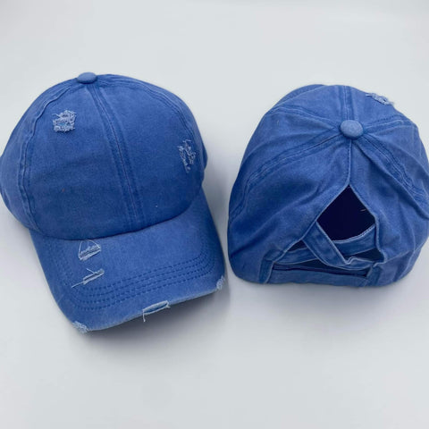 Blue Distressed Cotton Criss Criss Ponytail Hat - Gals and Dogs Boutique Limited