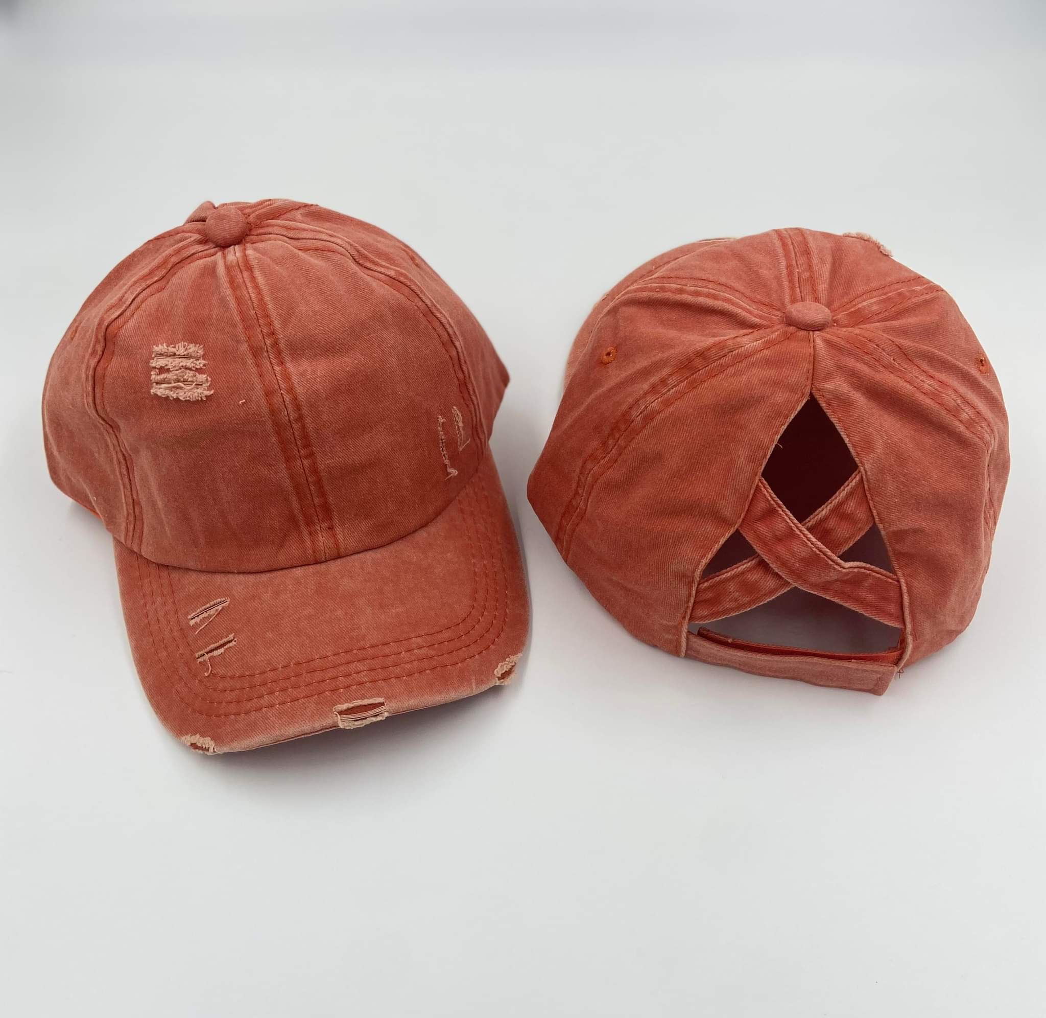 Orange Distressed Cotton Criss Criss Ponytail Hat - Gals and Dogs Boutique Limited