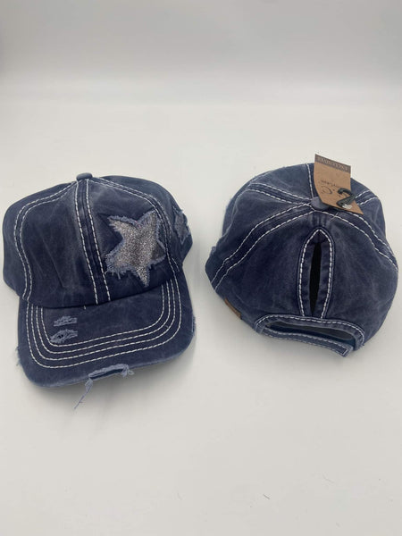 CC Brand Distresses High Pony Cap with Glitter Star - Gals and Dogs Boutique Limited