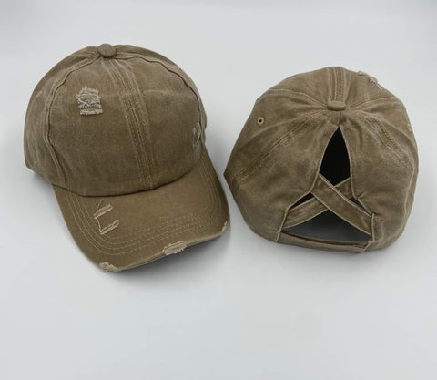 Khaki Distressed Cotton Criss Criss Ponytail Hat - Gals and Dogs Boutique Limited