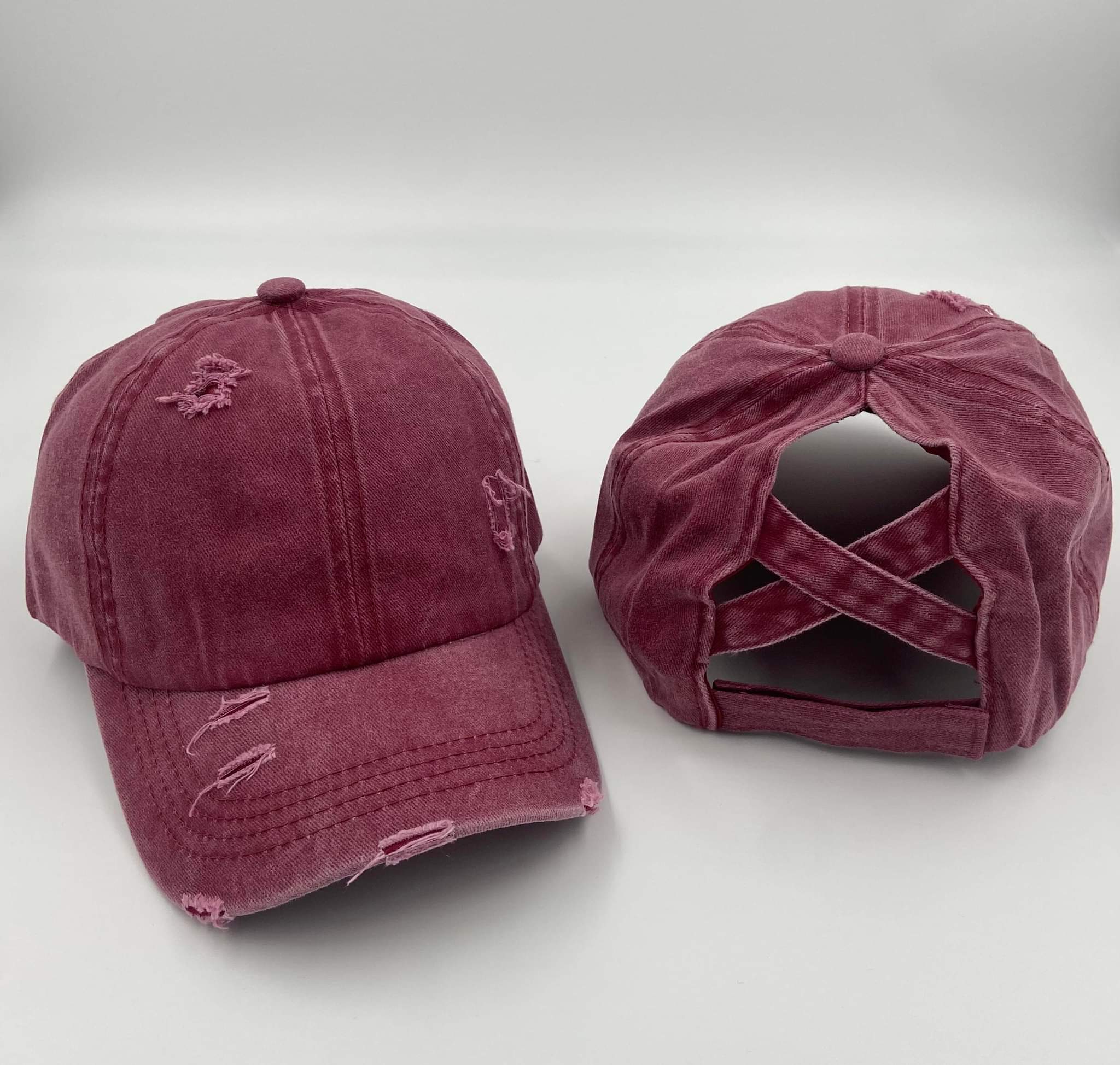 Maroon Distressed Cotton Criss Criss Ponytail Hat - Gals and Dogs Boutique Limited