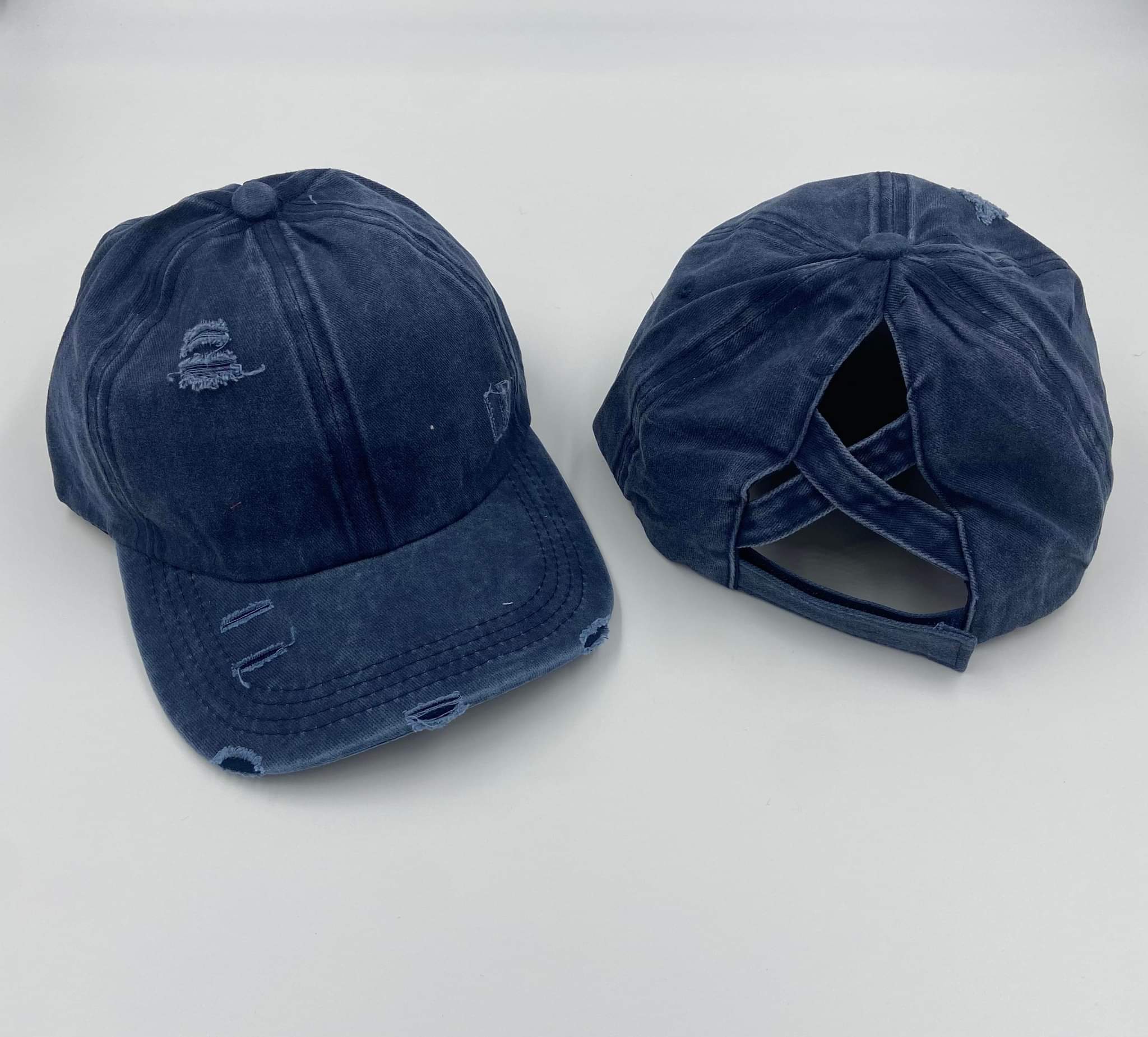 Navy Blue Distressed Cotton Criss Criss Ponytail Hat - Gals and Dogs Boutique Limited